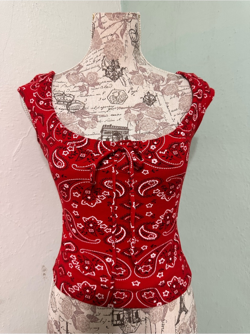 Y2K 2000 Finesse Red Paisley Cap Sleeve bandana print Top small USA cotton